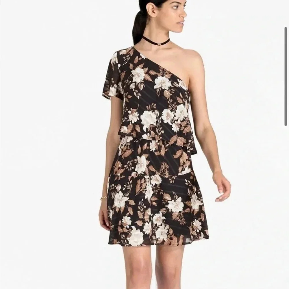 Lucky Brand One Shoulder Floral Mini Dress Size M Black/Multi
